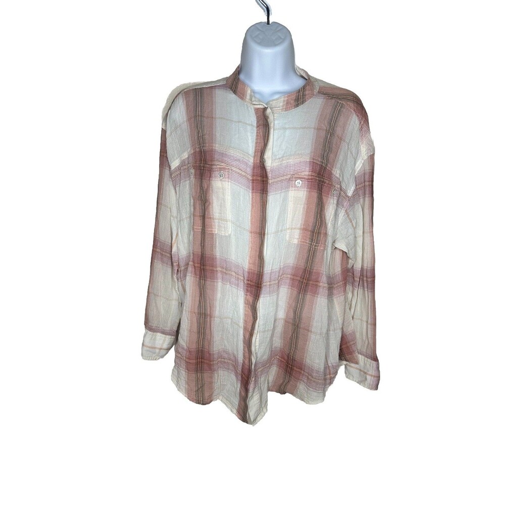 ELIZABETH AND JAMES Sz S Windowpane PLAID LONG SLEEVE BUTTON DOWN SHIRT Cream